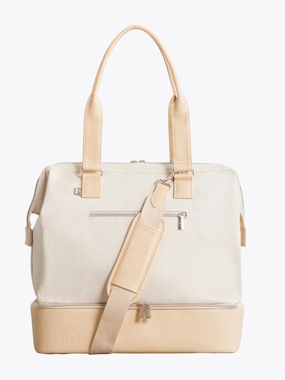 Beis The Mini Weekender in Cream Canvas & Tan Travel Tote Bag